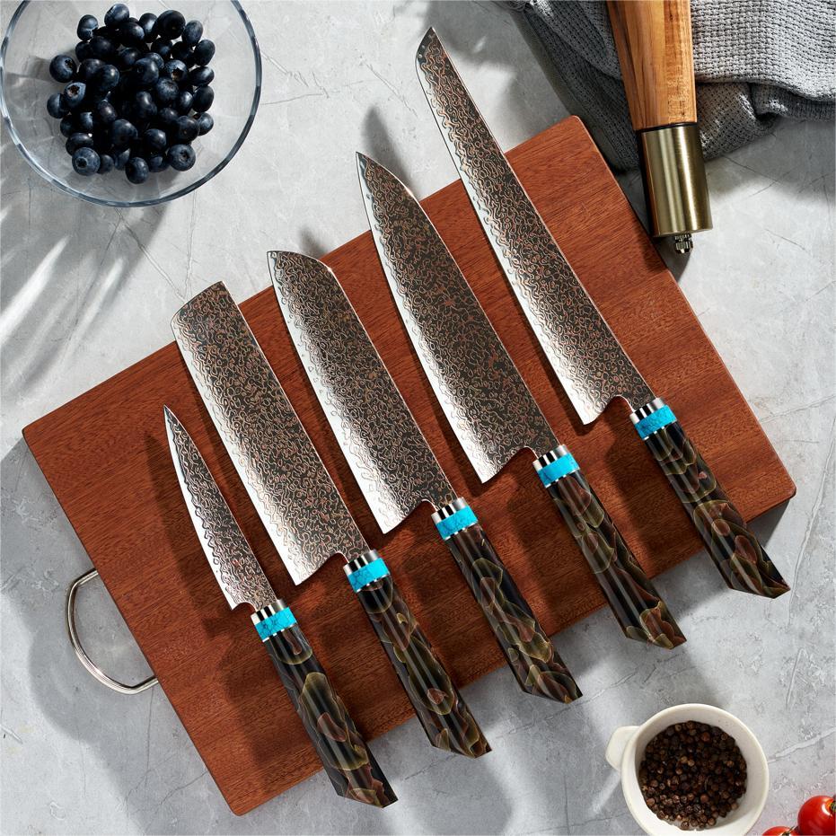 Nóż kuchenny damasceński ZE-37410 - Nakiri / Brązowy / Niebieski