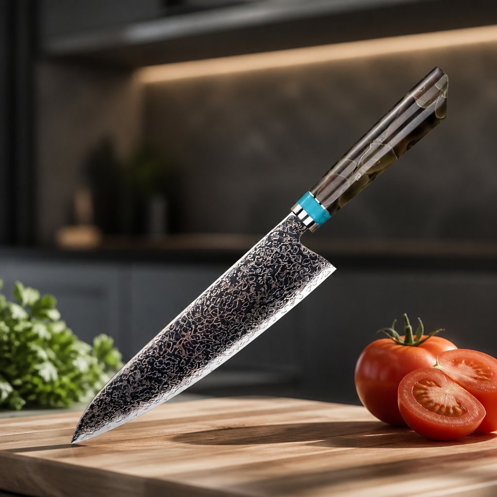Nóż kuchenny damasceński ZE-37411 - Chef / Brązowy / Niebieski